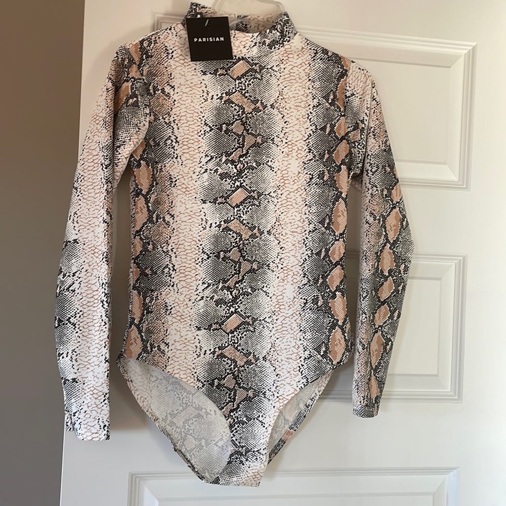 NWT Parisian Reptile Print Long Sleeve Mock-neck Bodysuit, Size Medium